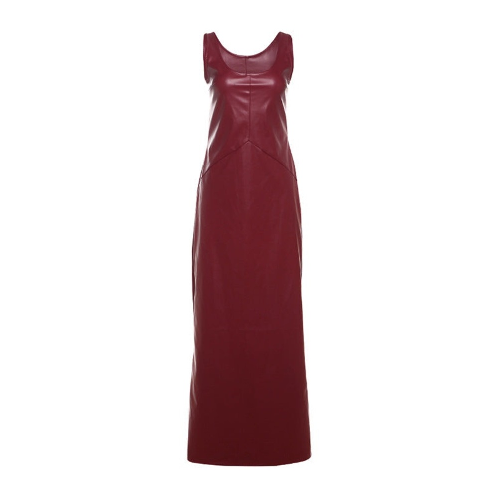 Elegant Burgundy Faux Leather Scoop Neck Sleeveless Dress